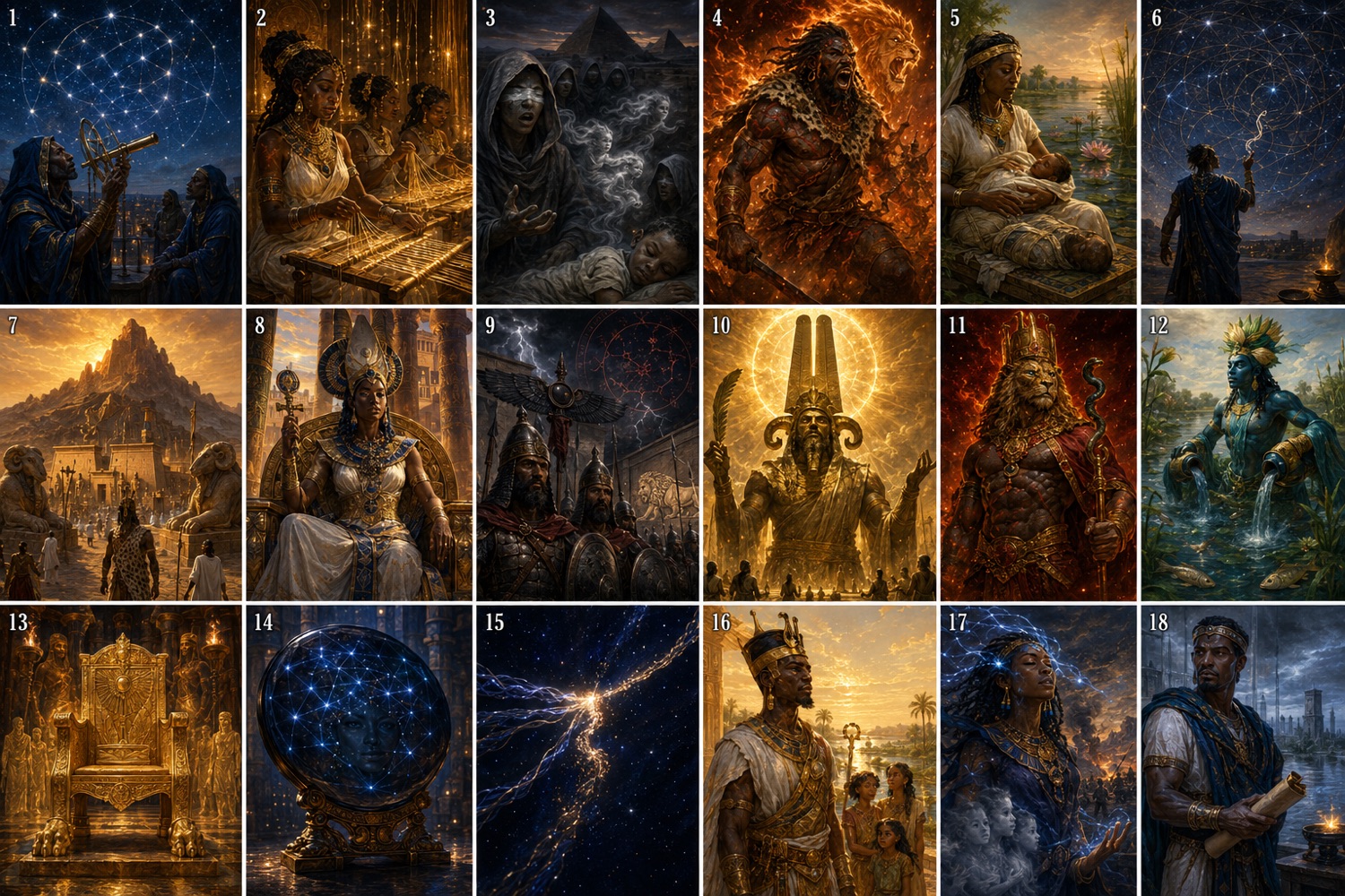A grid of eighteen Kushite Major Arcana cards in gold-lit mythic style