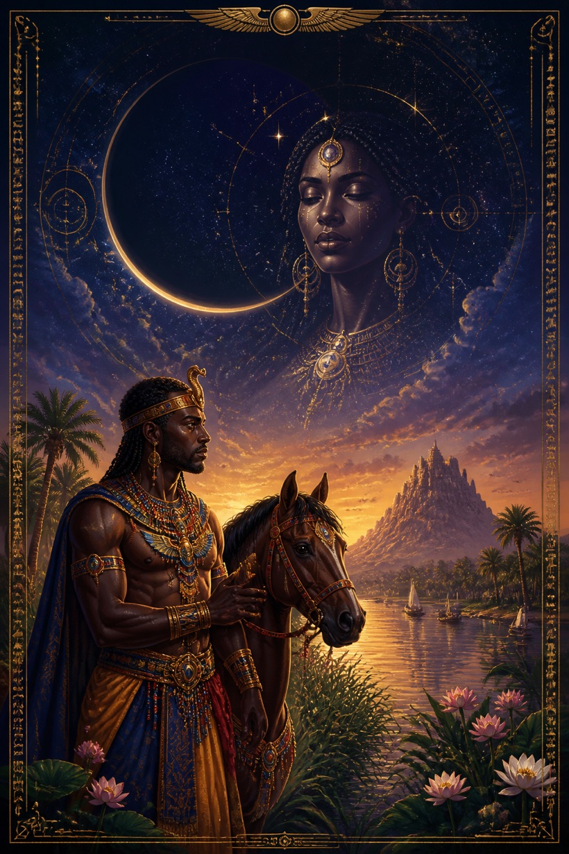 A finished Living River card — a Kushite prince beneath a moon-goddess over the Nile