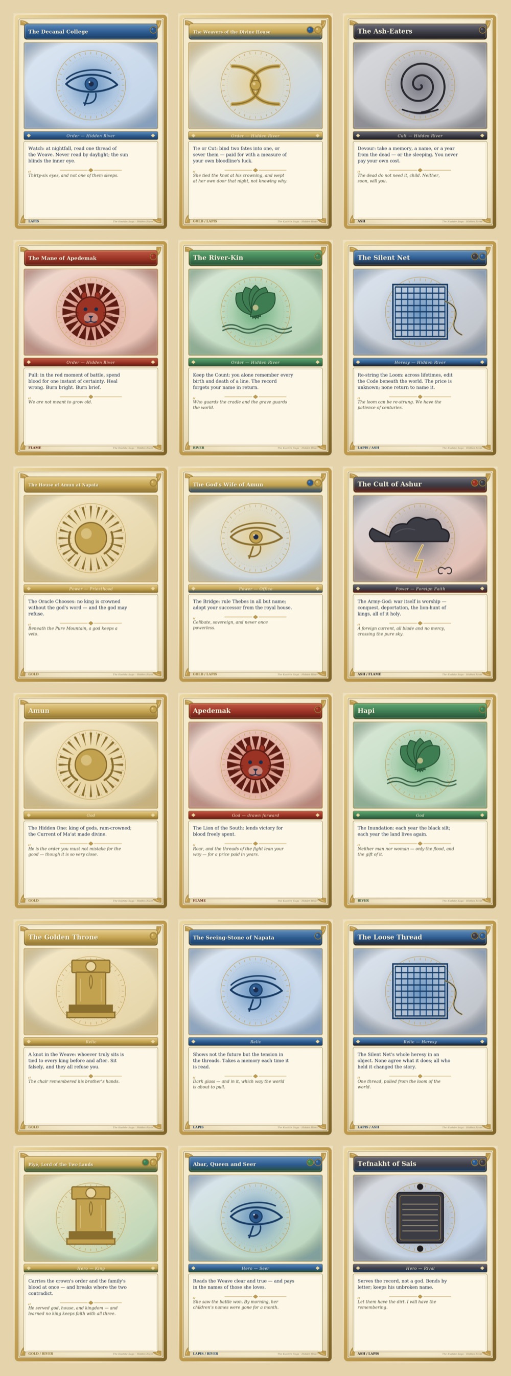 Eighteen designed Hidden River game cards — Orders, Powers, Gods, Relics, and Heroes, colour-coded by Current