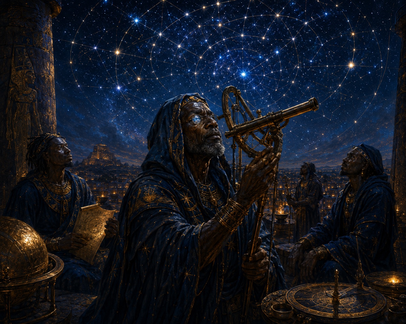 Kushite astronomers reading a sky of golden constellations — The Star